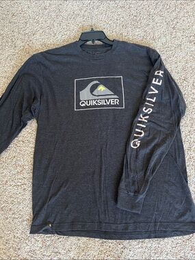 Mens Quiksilver Long Sleeve Logo Tee - Charcoal Grey White & Yellow Accent XL